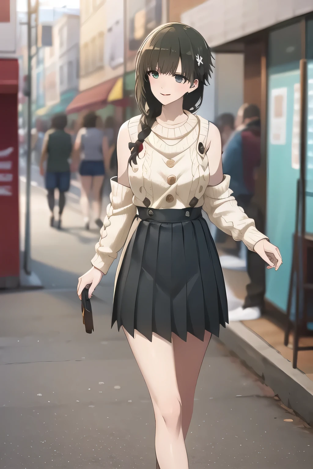 A woman with a lovely smile，，dark haired，Walking Alone，         city tour         ,，（（（, I wear casual clothes inspired by tourists））），   ,（Let's draw a more delicate look），（sleeveless wool sweater），（ Pleated Miniskirt），（One person is enough for that job） ,               ,   Big breasts, Thin Waist ， ,   ，Faces are very important，