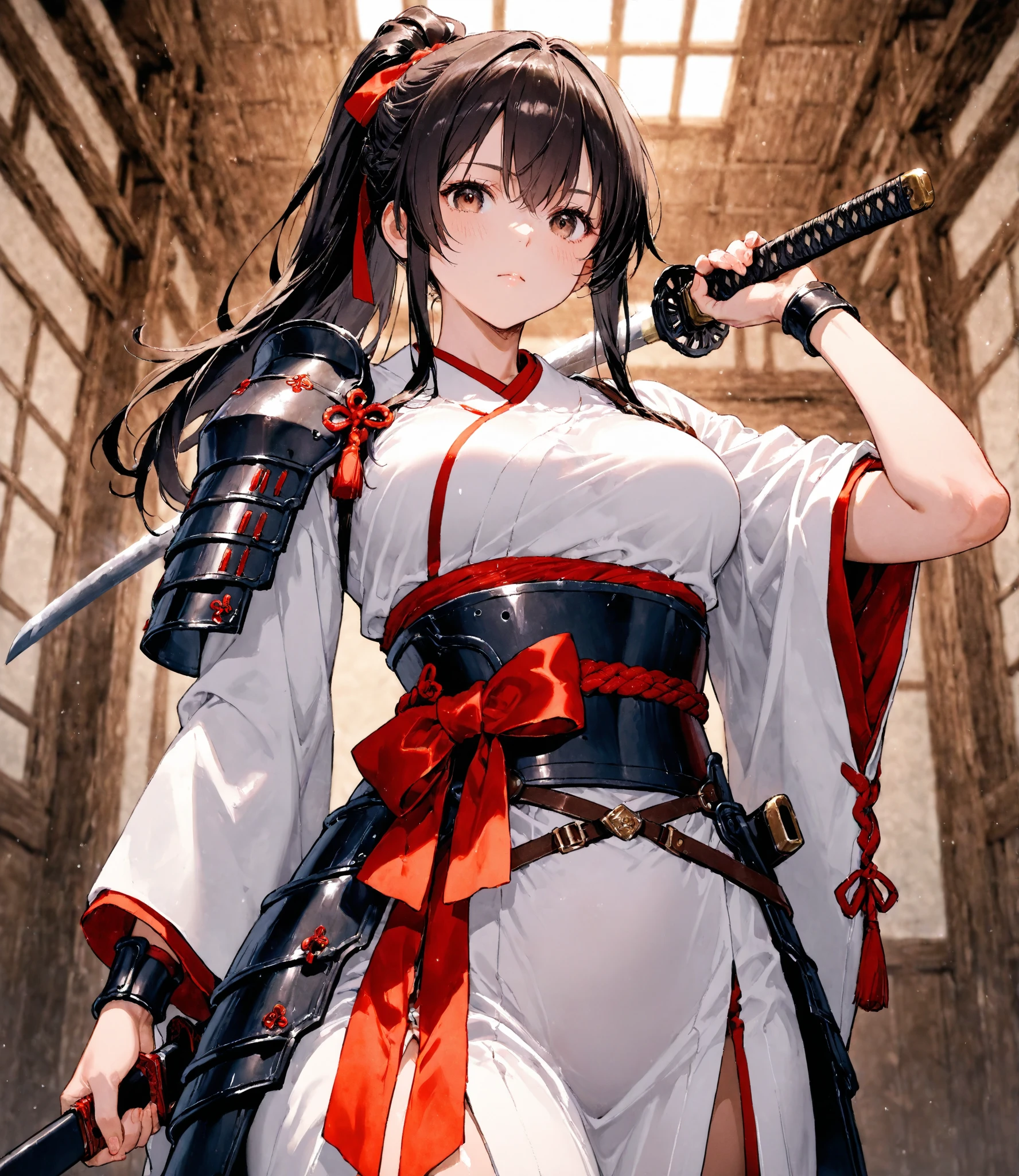 (((masterpiece))), (((High resolution)))、(((8K quality)))、(((perfect face)))、(((woman having a Japanese sword))), ((panty)), look at the camera, ((top quality eyes)), (detailed face), (detailed texture)
