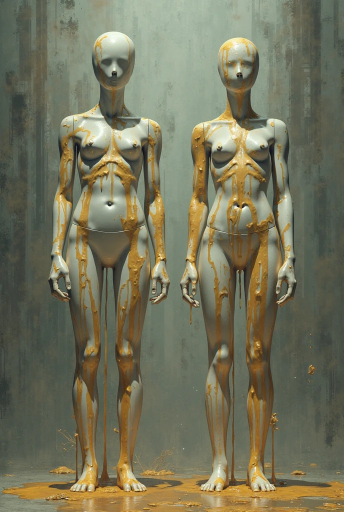 Black-and-white photograph of a surrealistic, nearly vertical monolithic sculpture, crafted with hyper-realistic silicone. The sculpture features fragmented parts of bodies and faces from three to four nude men and women, growing out of each other in a chaotic, non-anatomical arrangement, with no whole bodies remaining—everything is wildly reconstructed. The emphasis is on sexualized forms, prominently featuring breasts, buttocks, and genitals, merging and intertwining in unpredictable and disorderly ways. Additionally, the sculpture incorporates numerous parts of May fauna, including claws, tentacles, and shells, further adding to the chaotic, organic complexity. The piece combines lifelike textures, skin tones, and natural elements, creating a striking, provocative composition. Towering and imposing, it blends classical and modern sculptural elements, with dynamic, fluid forms captured in dramatic lighting within a dimly lit art gallery.