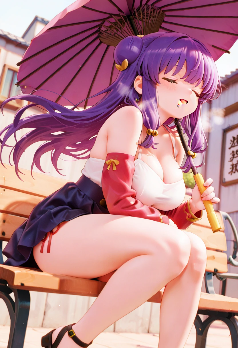 Best quality, Masterpiece, (From above:1.3), crouched, Spread legs, (Peeing:1.3), Hidden, 1girll, yuzuriha_(jigokuraku), Purple hair, Brown eyes, ninjartist, Open clothes, cleavage, Small breasts, topknot, Medium hair, White Obie, (Looking back:1.1), Outdoors, forest, (Blush:1.2), (wavy mouth:1.4), (opens his eyes wide:1.2), Open mouth, purple boots, (reaching out:1.2), Bush, (Embarrassed:1.3), , Hidden