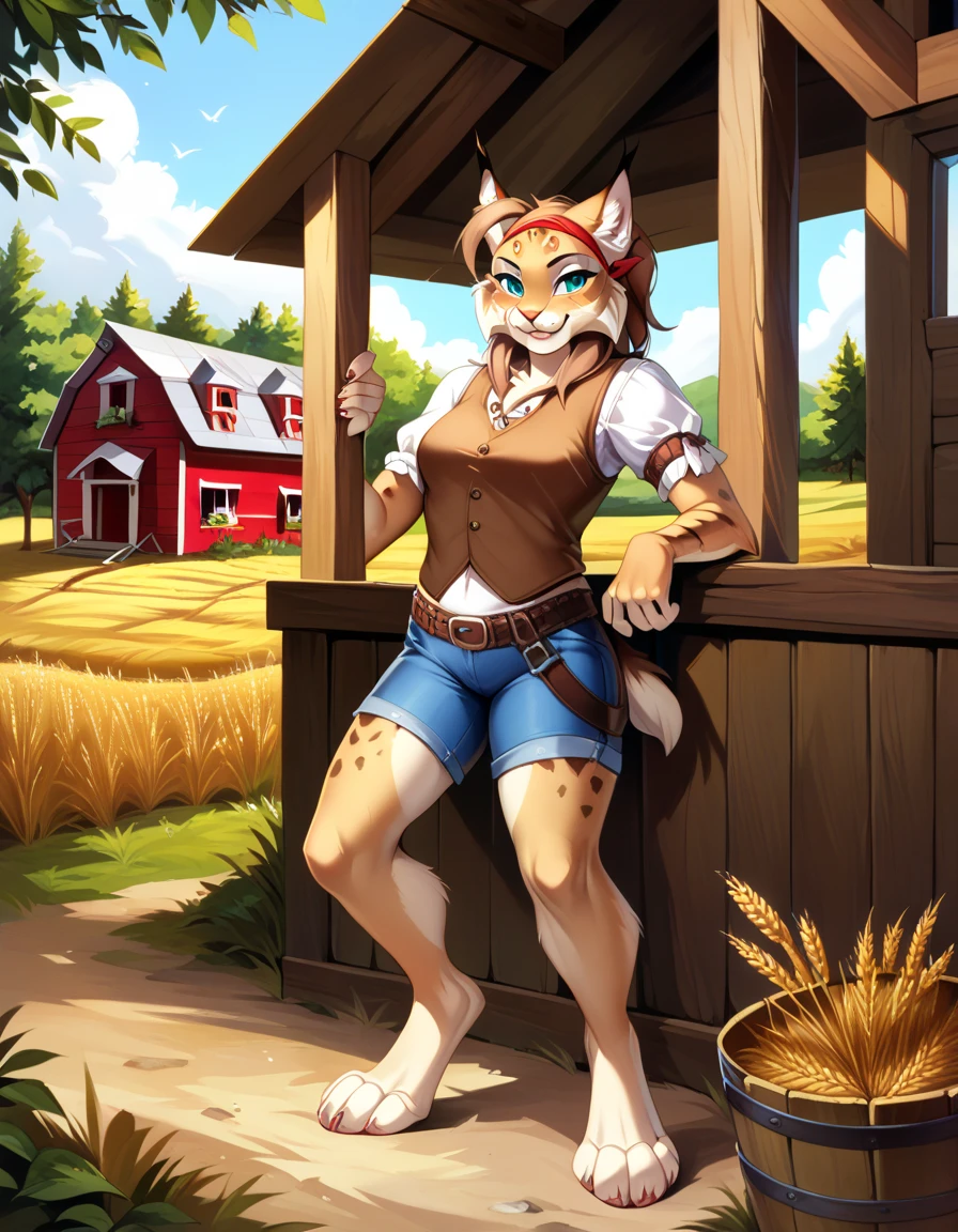 by fluff-kevlar, by Zackary911, by Kenket, by Kilinah, by fluff-kevlar, (masterpiece), (best quality), (anthro furry:1.3, snout:1.2, anthro:1.3, furry:1.2, solo female:1.2), (extremely detailed:1.3), (curvaceous figure, thick figure, slightly muscular), (curvy body), (curvaceous body), (huge breasts), (huge thighs), (huge butt), (hyper bottom heavy), (hyper top heavy), (very tall), farmer, straw hat, blue overalls, (smug expression, perfect posture, laid back), farm background, short hair, light brown hair, coyote, brown eyes,
