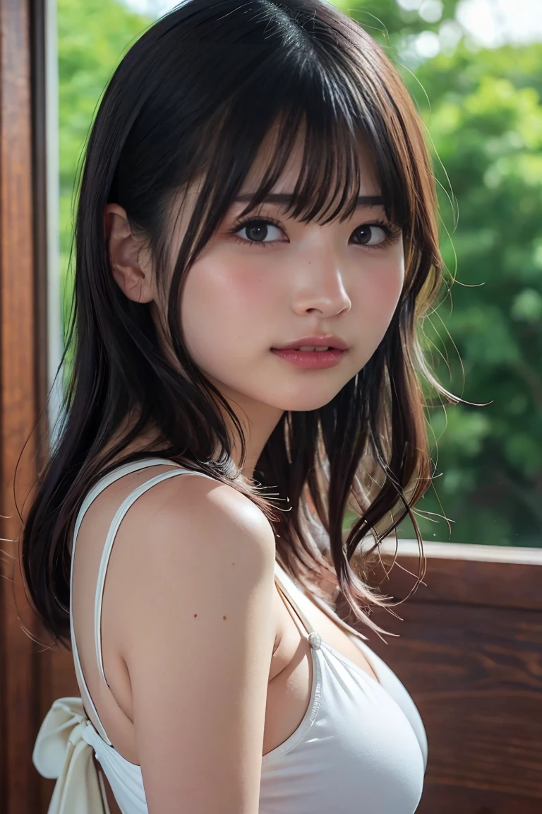 masterpiece、Highest quality, Ultra-high resolution、8k,photograph、1 girl, (Skin dents), (Large Breasts:1.4), bright, Blurred Background, (Asymmetrical bangs, very long wavy hair:1.5), (loose transparent blouse)、soft, drooping udder、The upturned, narrow eyes are cute、sad、grassland、Spring Sky、Soft sunlight