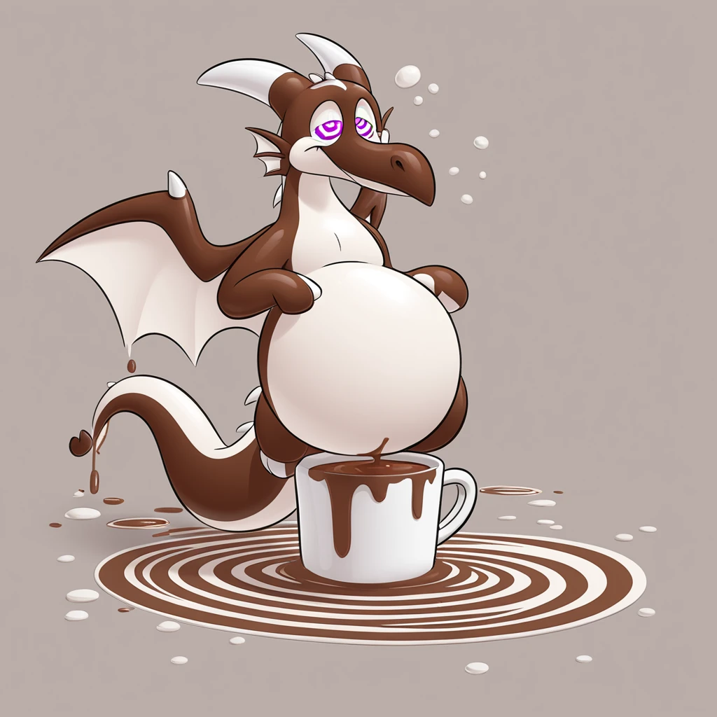 A cartoonish purple dragon with exaggerated features, looking wild and jittery. The dragon is holding a coffee mug with its tongue sticking out, clearly over-caffeinated. The text at the top says ‘BEWARE,’ and below the dragon, it reads ‘OVERCAFFEINATED DRAGON ON PREMISES.’ The background is a solid brown color, emphasizing the dragon and the text.
