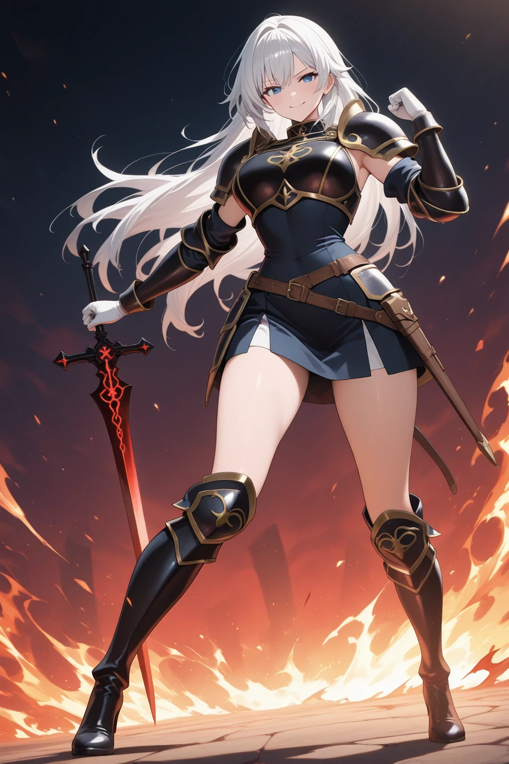 long hair, black hair, grey eyes, yukinoshita yukino, small breasts, curvy, anatomical correct, black dress, black thighhighs, black gloves, 1girl, solo, looking at viewer, full body, crossed legs, katana, sheath, peaked cap, sheathed, military hat, dusk, cloudy sky, reflective water, (fog:1.3), hollow eyes, grey eyes, lips, cheek, expressionless, glaring eyes, upper teeth,