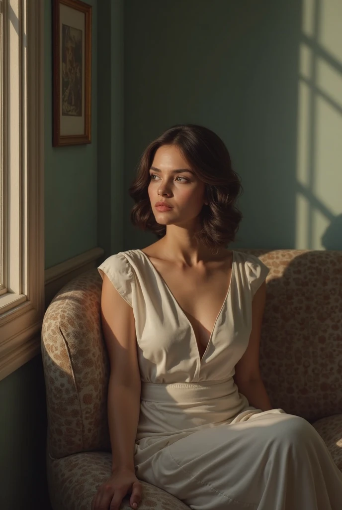 The flickering candlelight casts long shadows across the room, illuminating a woman with a captivating presence. Her small breasts barely peek out from beneath a silken chemise, and her rounded figure curves invitingly. Her eyes, a mesmerizing shade of grey, seem to pierce through you, holding a hint of both vulnerability and desire. She leans against a velvet chaise lounge, her breath catching in her throat as she meets your gaze.