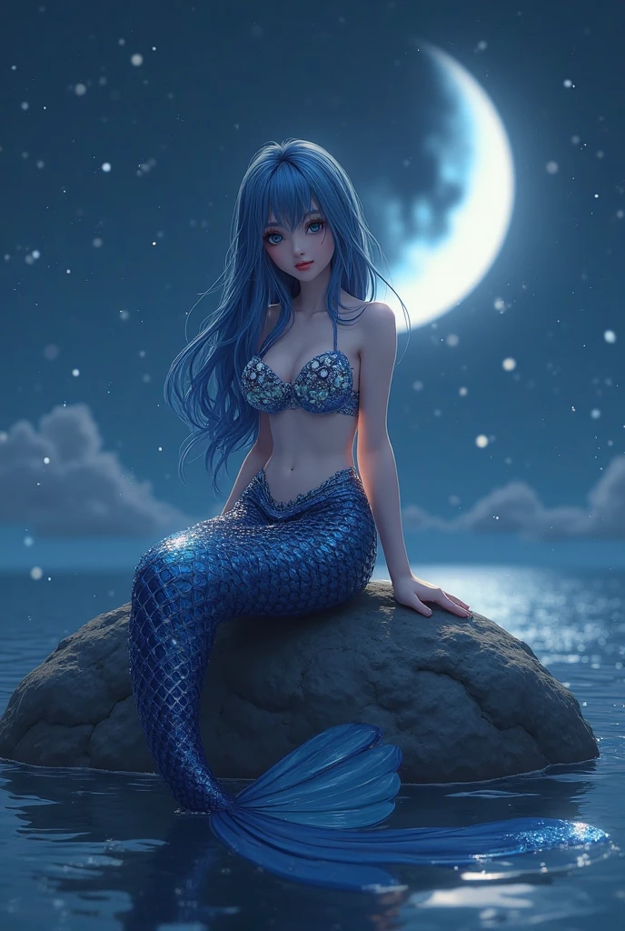 (Ultra realistic) blue mermaid with a sunset