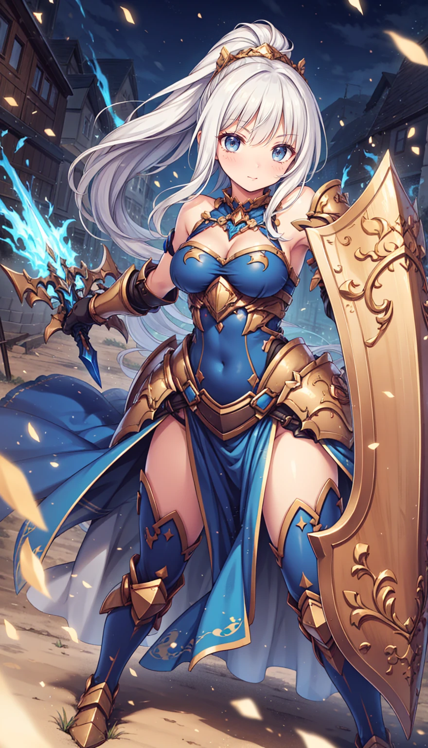 (masterpiece, best quality, high resolution, (huge breasts) 1 beautiful woman, short messy hair, light blue full body fantasy druid armor, huge fantasy druid shield in hand right, serious look, (white background, sticker), (( whole body)),