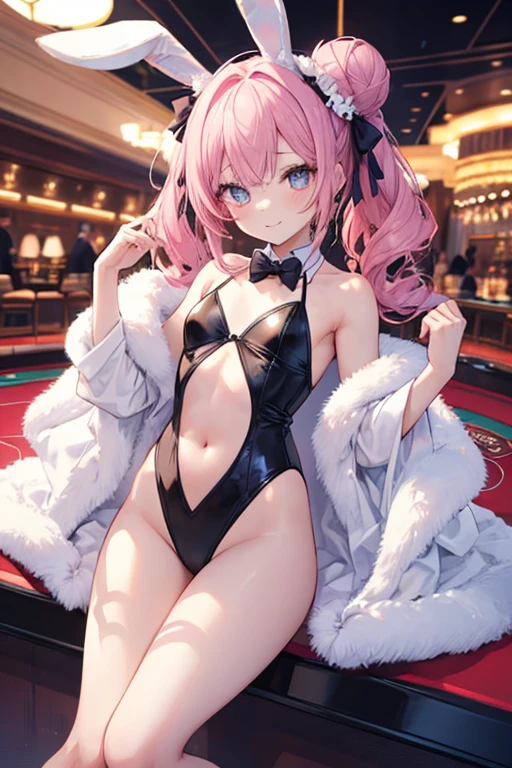 Pink Hair、ピンク目girl、Small breasts、Hair Bun、girl、Small breasts、Lolita、Bright smile、Looks about 15 years old、Petan Musume、short、目のhighlight、Sexy thighs、Bunny Girl Costume、casino、Please show me your armpits、Your eyes are so beautiful、highlight