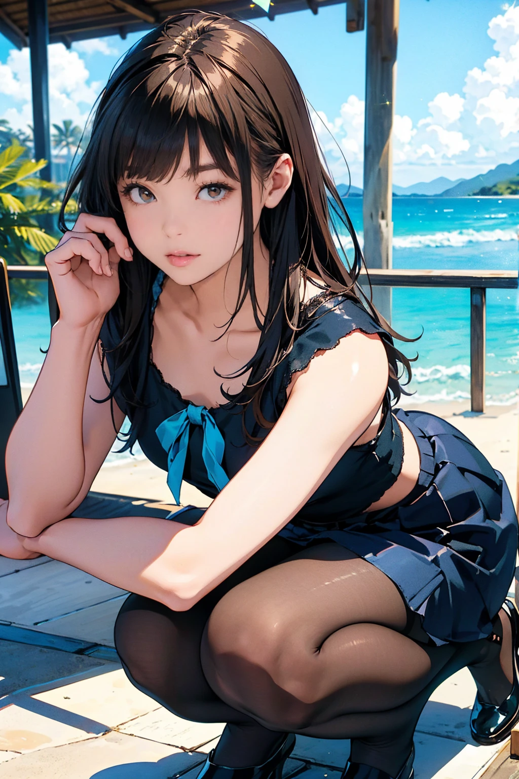 (((Masterpiece))),((top quality)),one beautiful girl,Pale, (A character that personifies a shellfish: 1.5), (holding a pearl:1.5)、((girl in a seashell:1.5)))、(belly button)、(big breasts:1.5),(plain clothes), (skin revealing),(The background is underwater 1.5).(((from the front:1.5)))、(straight front: 1.5)、(((hold your knees with both hands:1.5)))、