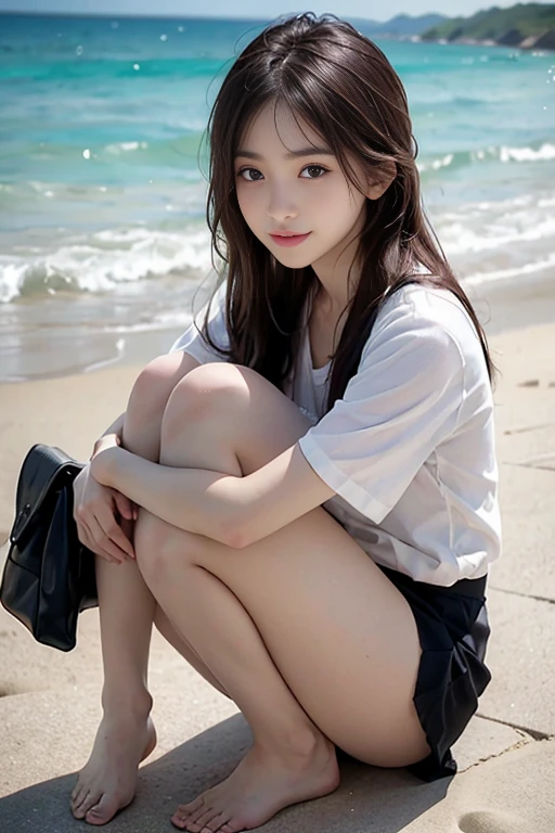 8k, Raw photo, highest quality, masterpiece:1.2), masterpiece, highest quality, figure, Very detailed, Fine details, High resolution, 8k,wallpaper, Perfect dynamic composition,(Detailed high quality, Realistic depiction of eyes:1.3)、A woman who has been  and has her hands tied、Arms wrapped around his back、Squatting with legs apart on the beach of Saipan、knees apart、White panties are visible、Facing forward、２１talent、Beauty、Well-formed face、Make your eyes even、Beautiful black hair、Has bangedium build、Well-balanced proportions、Beautiful legs、Short sleeve blouse、Long skirt、Sad face、Beautiful scenery、