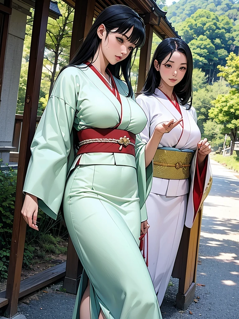 superflat, flat colors, 2girls, 19yo, slim, (medium breast), short bob dark hair, (ornate green leaves kimono), topless, nipple, standing, shy, autumn leaves, yellow, golden, autumn forest, vibrant colors, psychedelic, vibrant, bright, watercolor