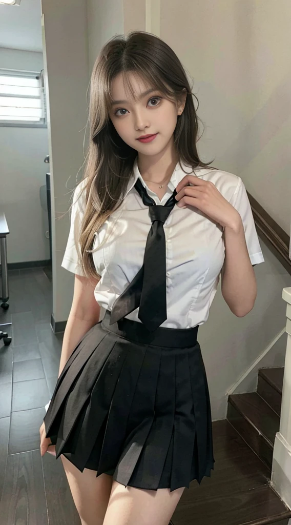 ((realistic lighting, highest quality, 8k, masterpiece, medium shot: 1.3)), clear focus: 1.2, 1 girl, perfect figure: 1.4, plump bust,((long black hair)),((With bangs)), (white blouse worn by high school girls:1.4）,The whole delicate breast leaks out,In a classroom with a blackboard in the background, sitting at school desk,moderately thin calves,moderately thin thighs,exposed thighs,navy blue ankle socks,Black loafers worn by high school girls,The angle of view shows everything from below the knees to socks.,super detailed face, double eyelid,Navy pleated miniskirt worn by high school girls,Taking a selfie with a black smartphone in my left hand,Your face is hidden by your smartphone、Holding the right leg with the right hand、(open legs:1.3),((((Panties are visible from inside the skirt))))、(white lace panties)、(Please tilt your head slightly)
