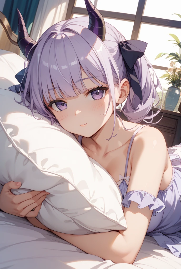 young girl, 17 years old, twintails hair style, light purple hair, greek white dress, lying in a bed, blue eyes, small tits, sensual position, looking at viewer, in a white palace, 4k, detailed face, good anathomy