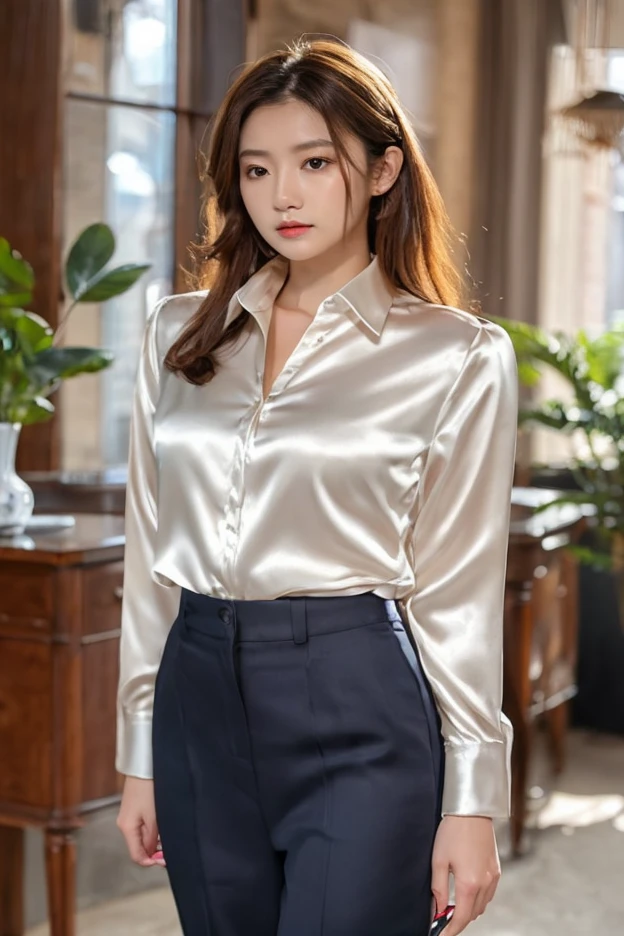 Elegant female teacher, Skirt and thighs、Age 27、height　162cm、Walking the hallway、Office Clothes, 高級silkブラウスを着て, (Ultra-realistic pantyhose)、Elegant slim beige blouse, Japanese girl, Neat and clean Japan woman, Japanese Goddess, Serious woman、Business attire, business suit, Wear a shirt, Businesswoman, silk, Cream colored blouse, 極薄のWear a shirt, Silk clothing, Wearing business casual clothes, business suitを着用する, business attire, Formal clothing, RAW Photos, (In 8K、Highest quality、masterpiece:1.2)、(Intricate details:1.4)、(Photorealistic:1.4)、Octane Rendering、Complex 3D rendering with ultra-detail, Studio Soft Light, Rim Light, Vivid details, Super Detail, Realistic skin texture, Detailed aspect, Beautiful details in the eyes, Highly detailed CG Unity 16k wallpaper, compensate, (Detailed Background:1.2),　Glowing Skin、Exposed thighs!!!、High heels、