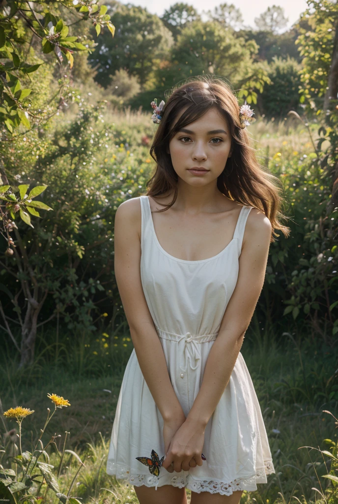 ((Best quality)), ((Meisterwerk)), (detailliert), perfektes Gesicht, European Young Woman, dunkle Haare, walks through the forest in a white dress, aus kurzer und mittlerer Distanz aufgenommen