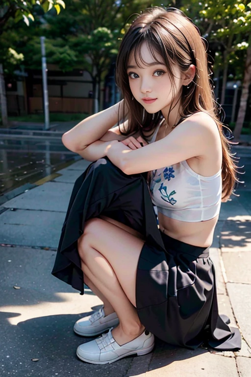 Street Fashion、 whole body, Nice skin, Glowing Skin, Nice thighs,Shining thighs, Luminous legs, Crouched down and staring at you、Heavy makeup、Eyeshadow purple、Silver Hair、Sexy big boobs, cute pretty beautiful sexy face、A strong wind blows my hair in front of my face、Reduces the appearance of nasolabial folds、Fluttering mini skirt、A strong wind blows my hair in front of my face、美しい long blonde French braided hair、Cute and sexy eyes hidden behind long bangs、Glaring、Eyes welling up with tears、Colorful hot pants、Trendy Coordination,Flashy accessories