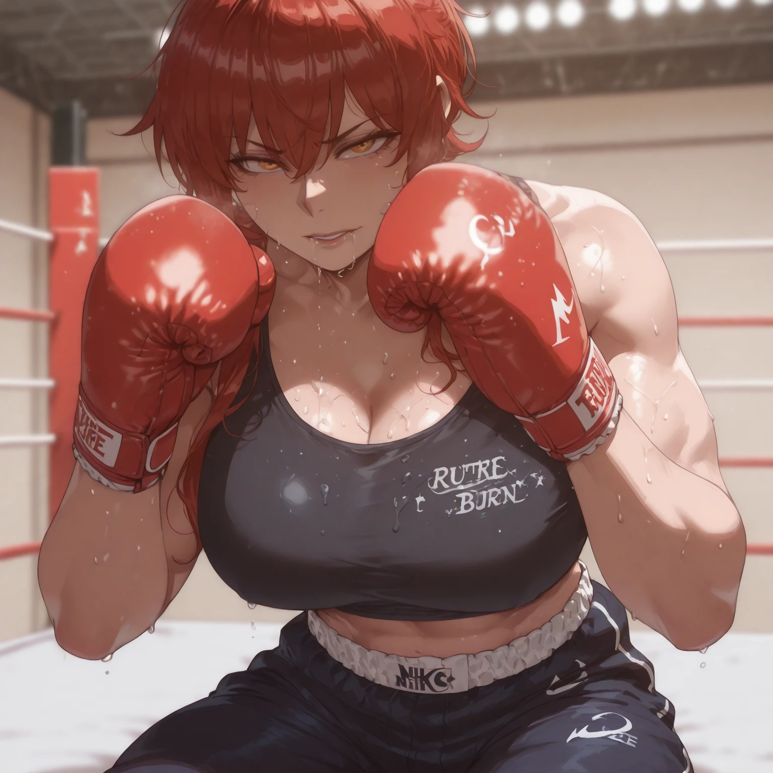 A woman with short red hair, dressed as a fighter, MMA