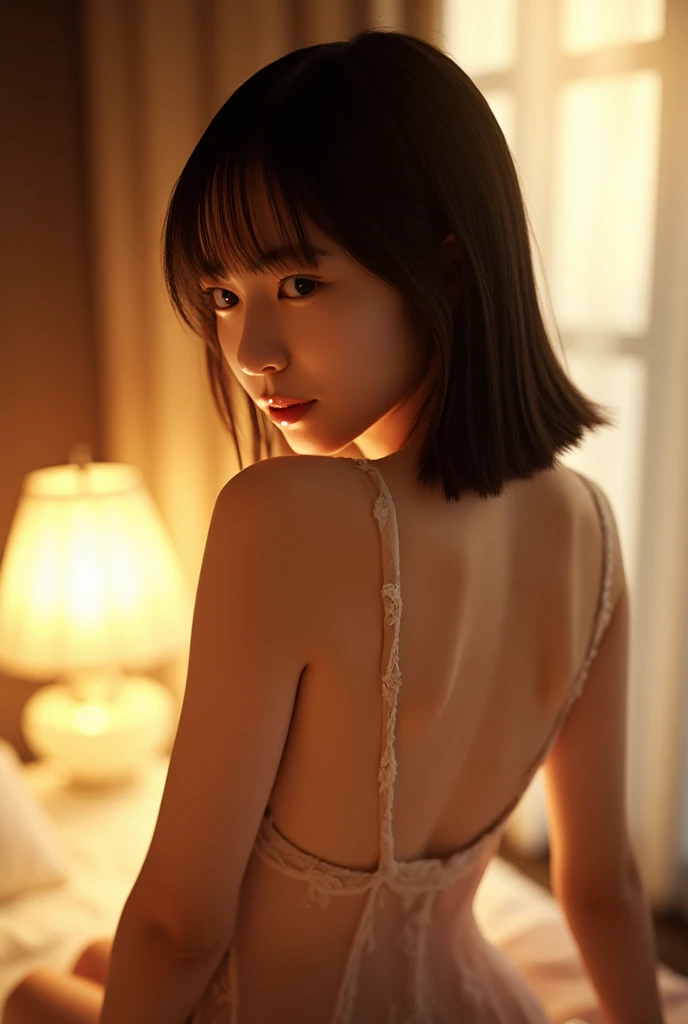 masterpiece, Highest quality), 8k,(((Very detailed))), Race:1.8, Super intricate Race pattern, colorful Race pattern, Colorful transparent body, Shooting in the studio at dusk,1 female, Swimsuit, Open Back, , Japanese, sultry body with セクシー belly, Sexy girl, Young sensual elegance, Sexy body, Sexy look, Very Short Hair, Wavy Hair, Shooting in the studio at dusk, Shooting from behind, Sitting in a chair, Intelligent face, look away from the camera, rather thin waist, Large Breasts、Smile a little, Open your mouth a little, EOS 50ｍｍ F2, Blur the background, look away from the camera, Lighting the face, Painting-like pose, Ass,