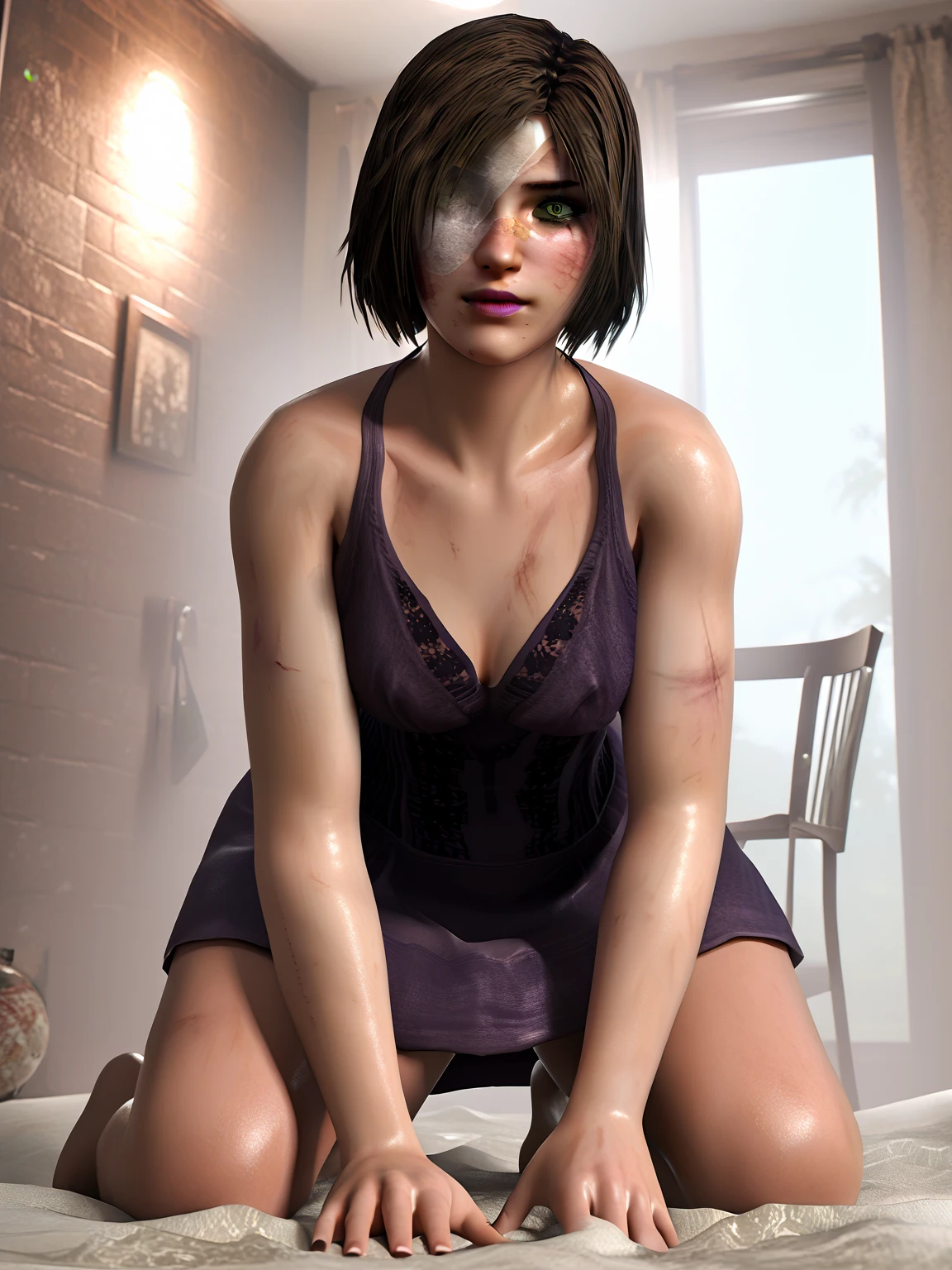 (highres, best quality:1.3), kat3LIS, dark blonde hair, hair bun, hazel eyes, 1girl, wet skin, front view, bedroom, tall red brick building, private school, oregon, nude body, skinny body, skinny legs, tiny hips, pussy, ?????, nipples, lies on bed, pussy juice,