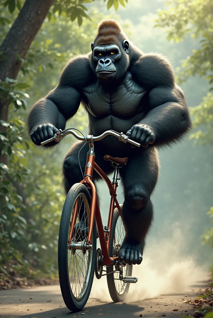 A very fat gorilla on a mountain bike wearing a red shirt