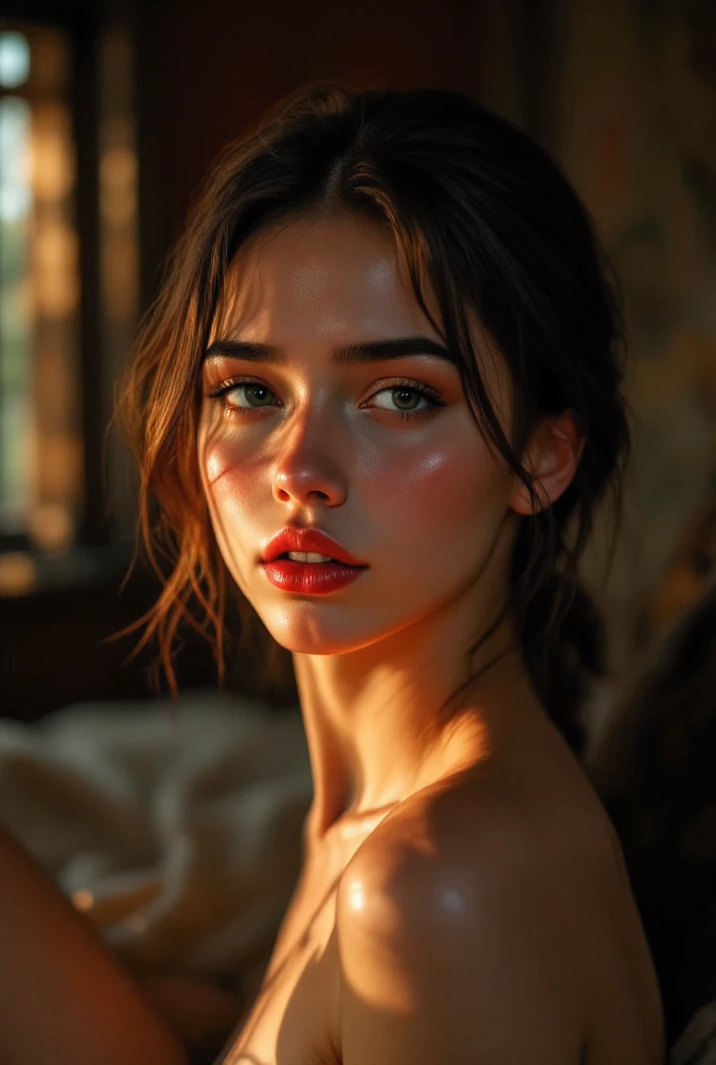 Portrayal of an attractive 18 year old, psjwlflux, focusing on Colebourne, shoulder, has wet lips, beautiful, high quality, masterpiece, photorealistic, studio lighting, detailed facial features, Serene Expression, Seductive Posture, Rich environment, soft natural light, dreamy atmosphere, Professional Portrait Shooting, cinematic color gray Ding, Warm Colors, growing skin