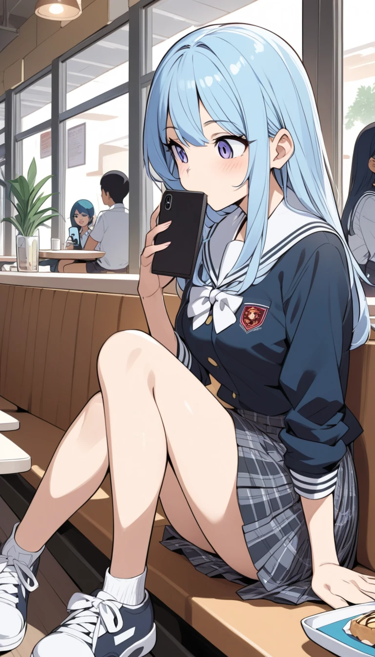 manga style, girl with long light blue hair eating in cafeteria while scrolling her cell phone, indonesian school uniform