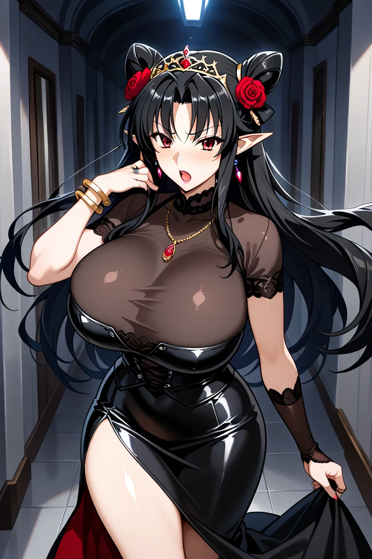 beautiful longhaired beautiful elegant and dominating and sexy succubus, full one piece dress, adult figure, petite body, ((unrealistically extremely large triple i cup breasts that are larger than anything realistic:1.2)), ((((only thigh to head shot)))), ((medieval nobles residence)), succubus horns, pointed succubus ears, blood red eyes, succubus demon tail, ((medieval fantasy motif)), black pantyhose, ((((hot and bothered))))