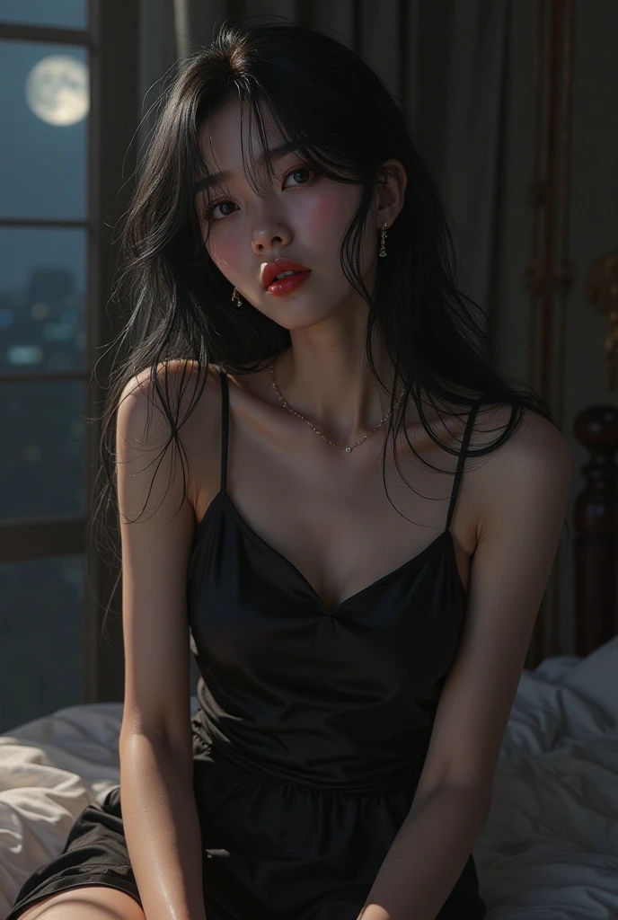 (((best quality))), (((ultra detailed))), (((masterpiece))), illustration,a beautiful girl,solo,slim,thin,messy hair,shoulder length straight bob hair,Dark Circles,Eyes bloodshot,(sad expression:1.3),flat chest,sitting on the bed,in a bedroom,halter lace nightgown, deep in thought, dimly lit room, soft glow of a digital clock, dark curtains, seclusion and introspection, disheveled hair, shadowed eyes, sleeplessness, delicate features, fragile beauty, pale skin, rouge on cheeks, heavy atmosphere, silence, soft hum of a refrigerator, woman's expression of deep contemplation, searching eyes, capturing the essence of struggle, vulnerability,(dark night scene:1.3),