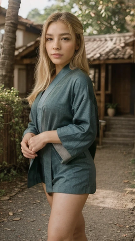 30 anos ,old woman, hair blonde, light brown eyes , Tsunade Senju , gray kimono blisa style robes dark green pants
