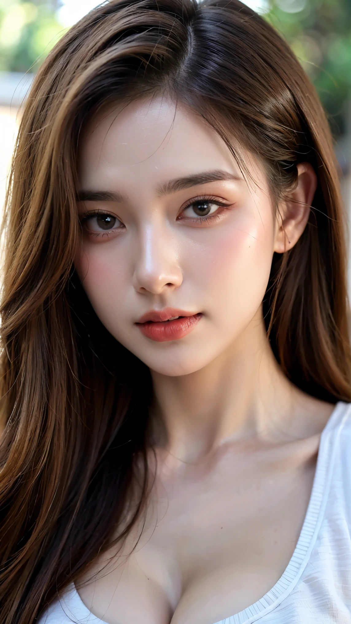 Fashion model 25 years old [[[[close-up]]], [[[[chest]]]], [[[[neck]]], [shoulders]]]]], Perfect eyes, Perfect iris, Perfect lips, Perfect teeth, Perfect skin, Soft front light, Glow, HDR, (Soft color: 1.2), Best quality, masterpiece, ultra high res, (photorealistic:1.37), raw photo, 1girl, long hair, beautifull eyes, beautifull face, detailed eyes and face, t-shirt, dynamic lighting, in the dark, table top, highest quality, realistic, Super detailed, finely, High resolution, 8k wallpaper, 1 beautiful woman, light brown messy hair, He is wearing an open-necked shirt., sharp focus, perfect dynamic composition, beautiful and detailed eyes, thin hair, Detailed realistic skin texture, smile, close-up portrait, model body shape, mile, close-up portrait, model body shape, body shape,cleavage, tropical beach, thin and long legs Translated with DeepL.com (free version)Top Quality, Masterpiece, (Realistic:1.2), 1 girl, detailed face, beautiful eyes, (Masterpiece:1.2, Top Quality), (fine beautiful eyes: 1. 2), (highly detailed Cg Unity 8K wallpaper, Masterpiece, Top Quality, super detailed, best shadow), (detailed background), (beautiful detailed face, beautiful detailed eyes), high contrast, (best lighting, very delicate and beautiful),1girll, beautiful detailed glow, glamorous body, blond hair, purple eyes, best quality, Masterpiece, (Real:1. 2),tropical seaside, very detailed, super high resolution, super high image quality,