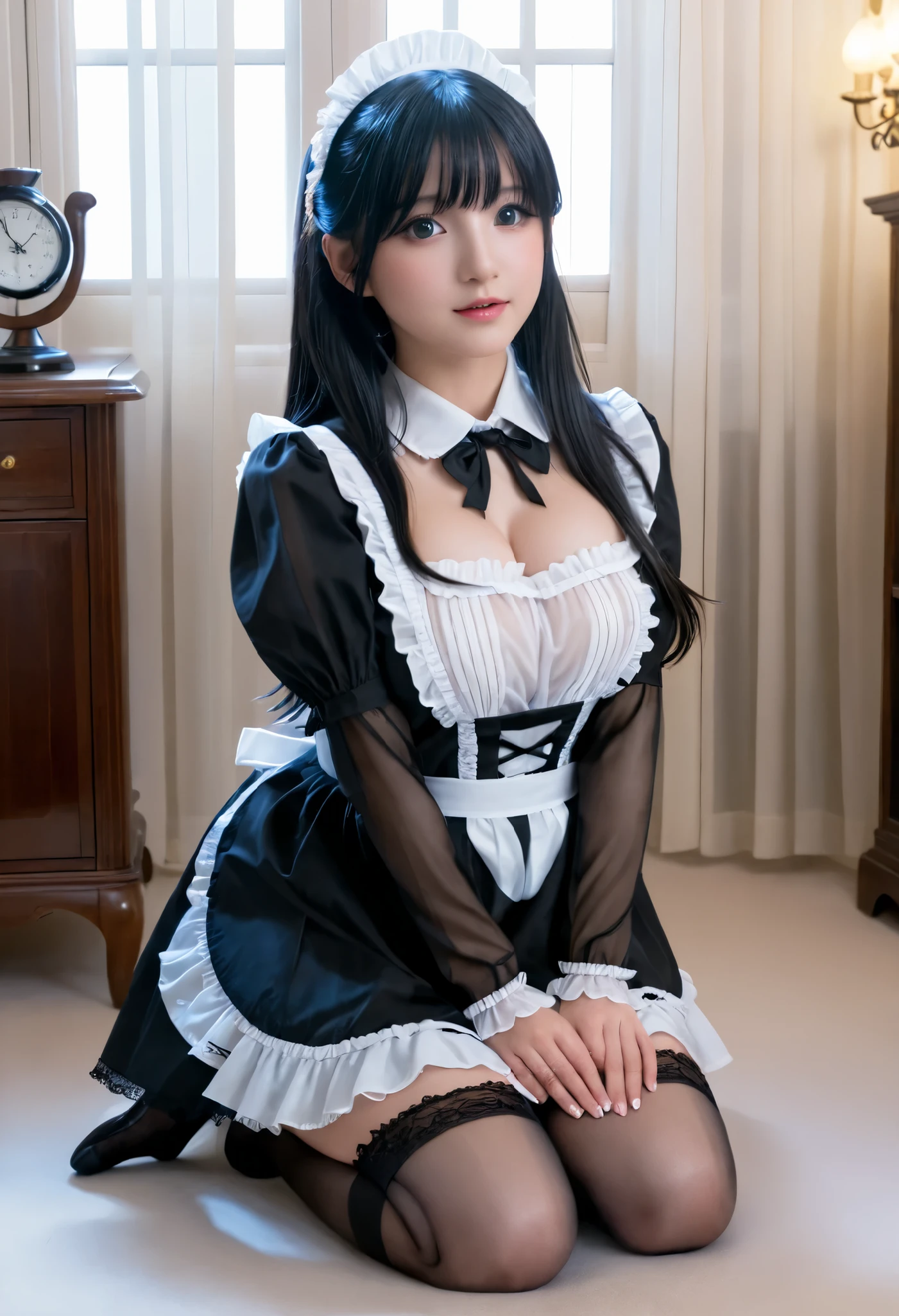 a young woman in a provocative maid costume. She has short, black hair with bangs, large breasts and is wearing a maid headband. Her outfit includes a low-cut, ruffled dress that exposes a significant amount of cleavage, with matching thigh-high stockings that have lace trim. The woman is (on her hands and knees:1.6) on a light blue sheet, looking directly at the camera with a sexy flirty expression. The background is a luxury mansion bedroom. The overall scene is highly stylized and erotic.