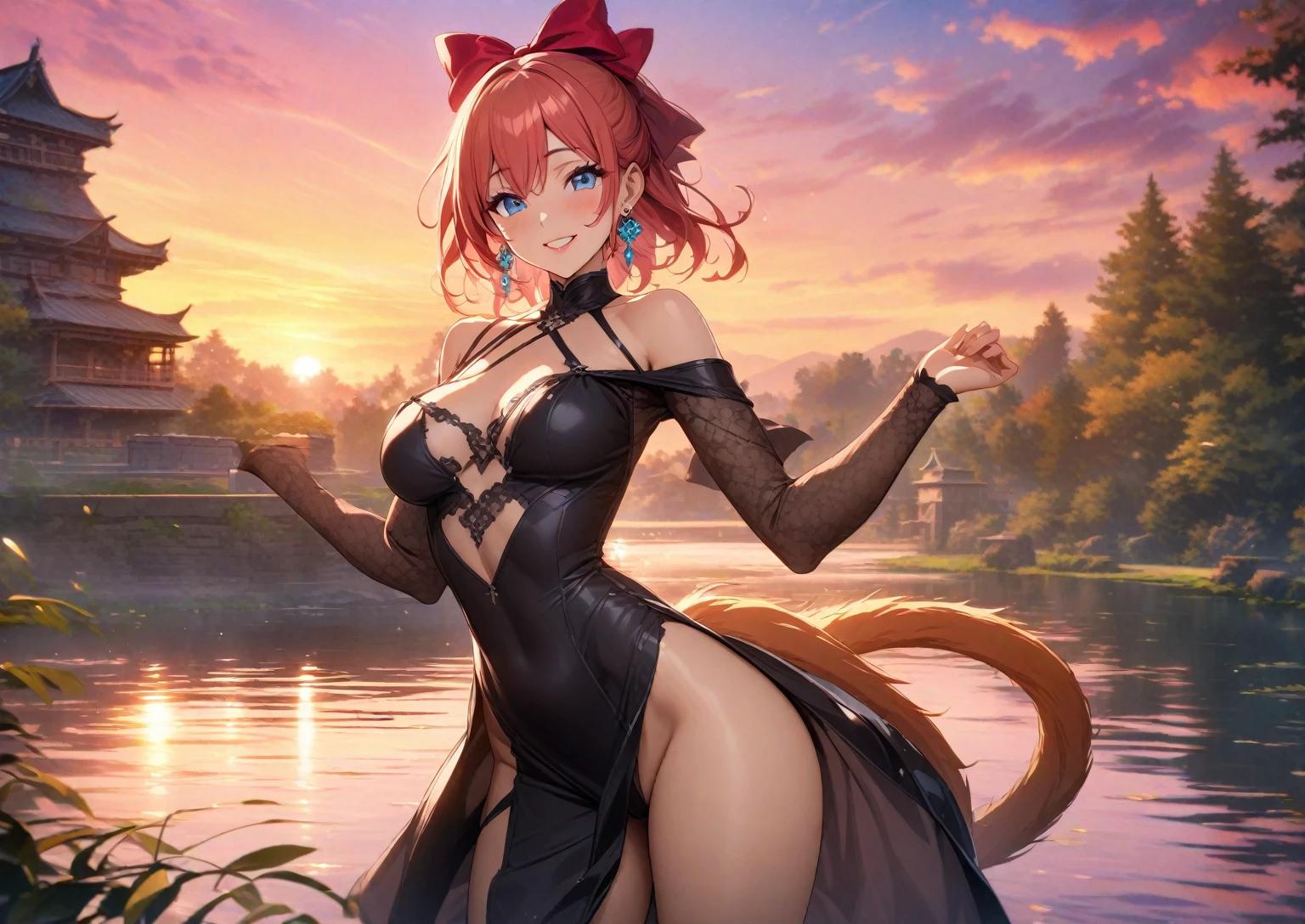 anime woman, big breasts, bright right eye, bright red left eye, curly short brown hair, very short black and red and gold dress, gold star necklace, brown wolf ears, nine brown tails, full body, red flower in hair in a black lake of stars