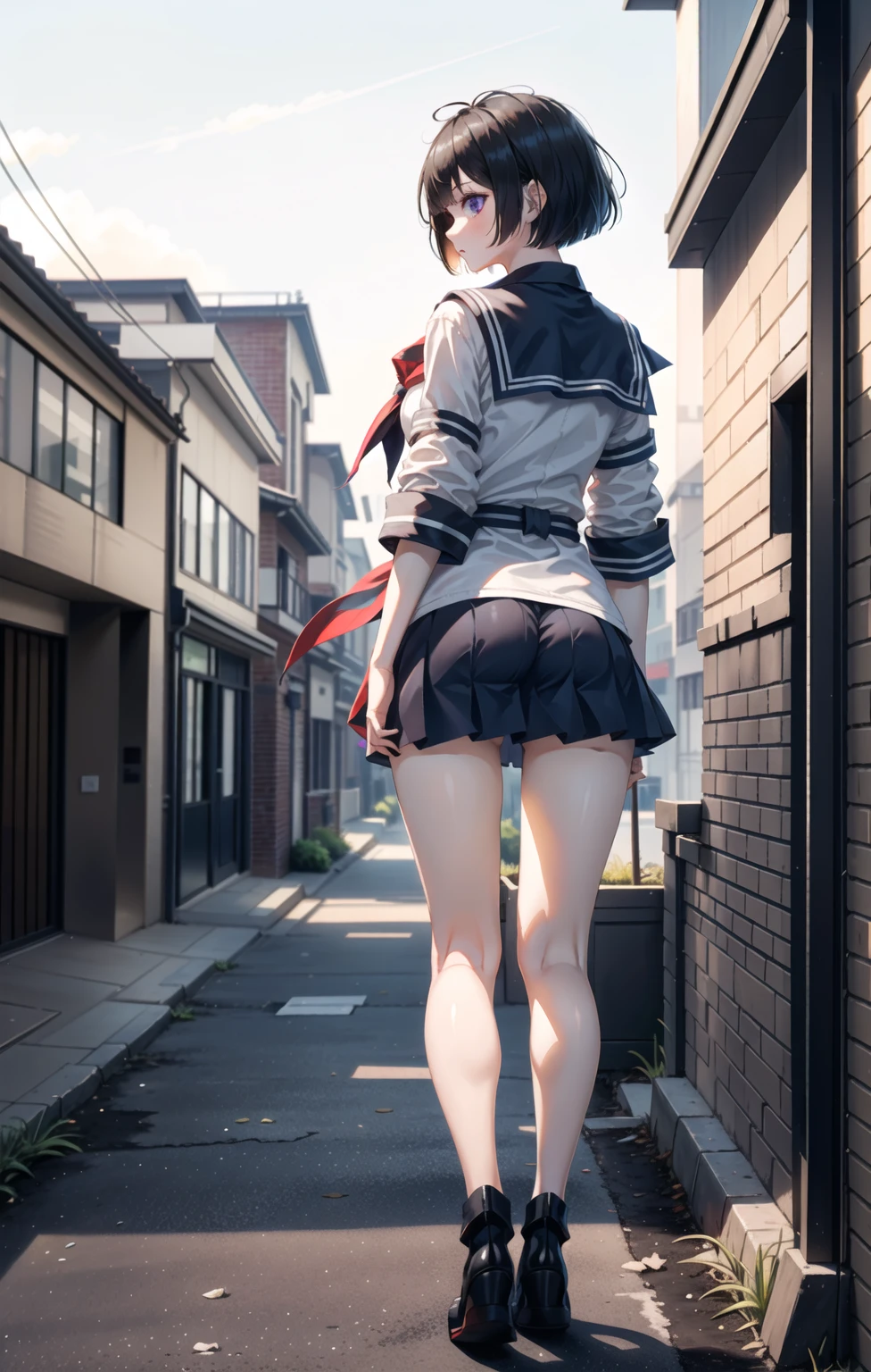 1girl, a girl in a K uniform, back, holding a high-tech katana in her hand, night scene, a street lamp shining on the edge of the character on the upper left, sexy back, delicate skin, upper body, close-up, 8k, RAW photo, best picture quality, masterpiece, realism, realism, divided bangs, long hair,