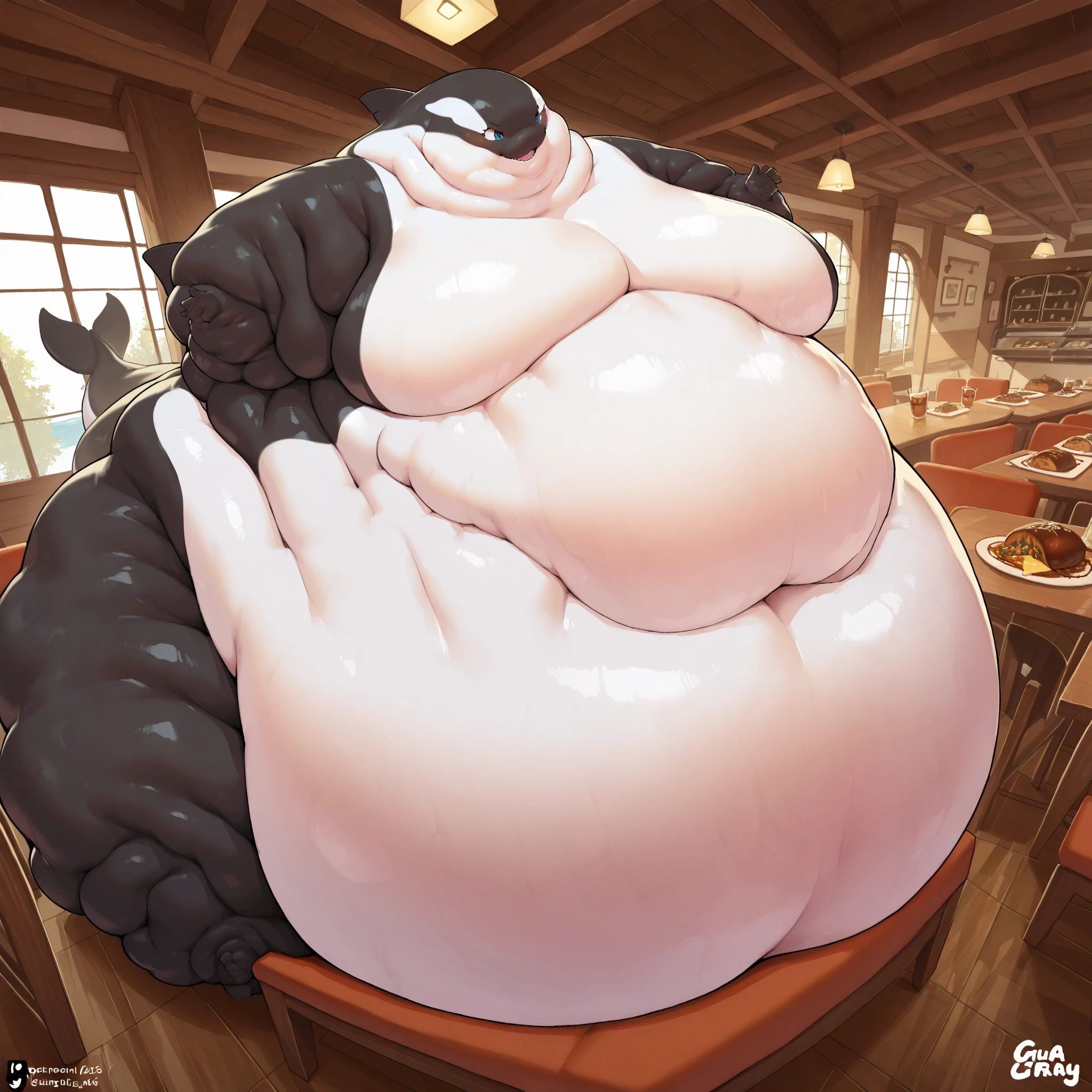 masterpiece, best quality, super detail, 4k, 1girl, younger, (female ssbbw, full body yellow dominatrix outfit, very short black skirt:1.1), bbw, gigantic breasts, high heels, mouth is large maw, extremely wide hips:2.0, massive thighs:2.0, massive calves, excited expression, aroused, (getting turned on, reclining against the bar, arms resting, eyes open, panties clearly visible, facing me, eyes very well defined (high priority), pupils very well defined(High priority)),(Face close to viewpoint) , Image in anime style, add detail, vore belly, imprint from within belly of figure struggling, vore