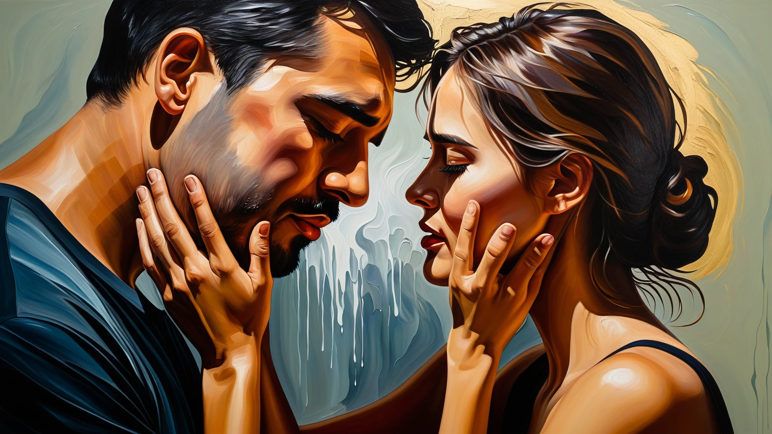 a contemporary portrait of a persons in the expressive and painterly style of Malcolm Liepke,man kissing woman ,close-up of the subject's faces with strong dynamic brushstrokes, focus on capturing the depth and texture, light pink and bright blue highlights and vibrant areas, muted blue, dark grayish blue, very dark gray, and light grayish blue shadows and depth, subtle variations of the same color palette in the background, modern elegance and emotional intensity