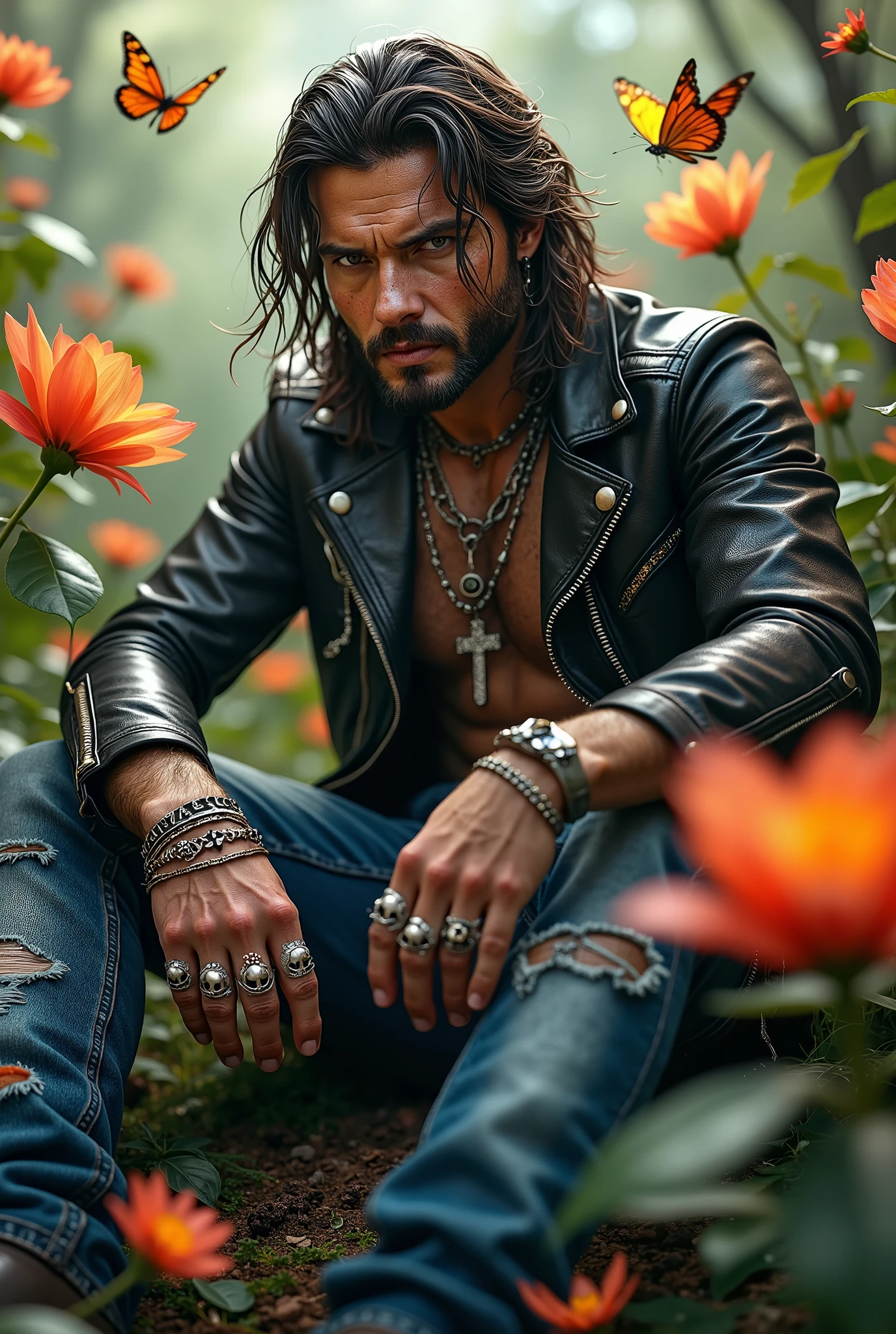 A rugged looking man with intense look on his face, he is wearing a worn leather biker jacket and blue jeans along with rings bracelets with skulls, and a cross necklace, He is surrounded by flower and butterflies. ethereal, beautiful lighting, intricate details, raw photography, depth of field 
