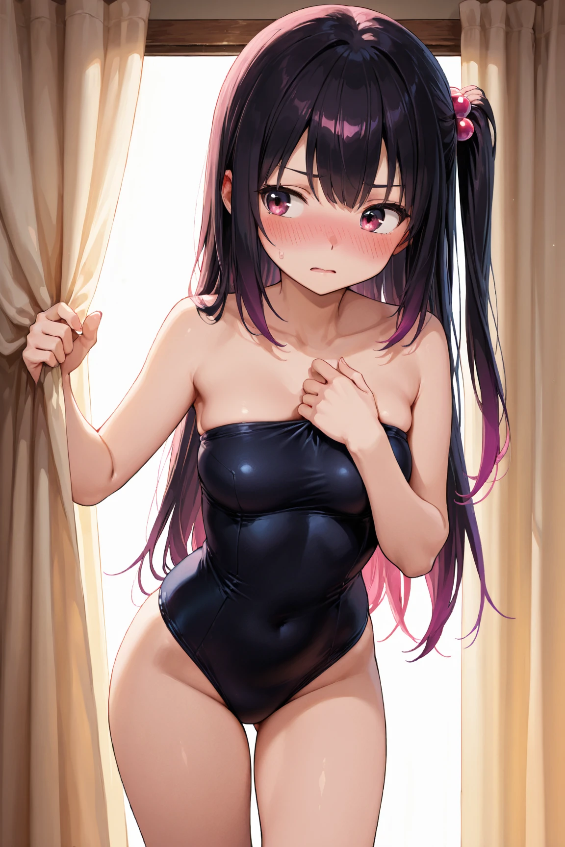 one person、Long Hair、Black Hair、With bangs、10 year old girl、small、Baby Face、Innocent face、Big eyes、barefoot、black eye、cute、Spread your legs、With ribbon、Very large breasts、身長のsmall、Are standing、underwear