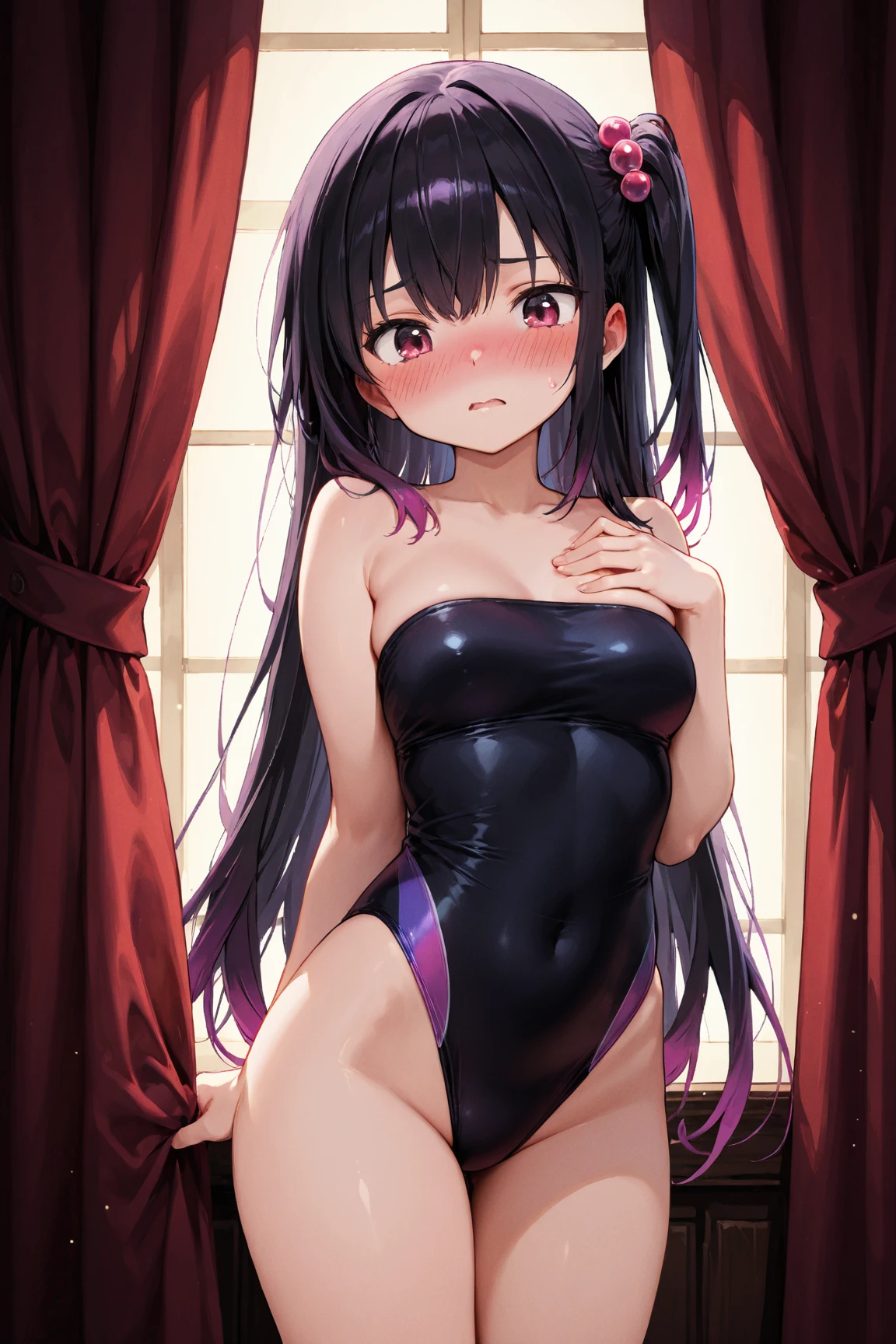 ((li)), middle hair, navy hair, dark blue hair, round eyes, ((closed eyes)), tareme, 1 girl, ((smile)), ((embarrassed)), (blush), open mouth, medium breasts, ((pee)),［pale skin］((school swimsuit)), (full body), stand, arms behind back