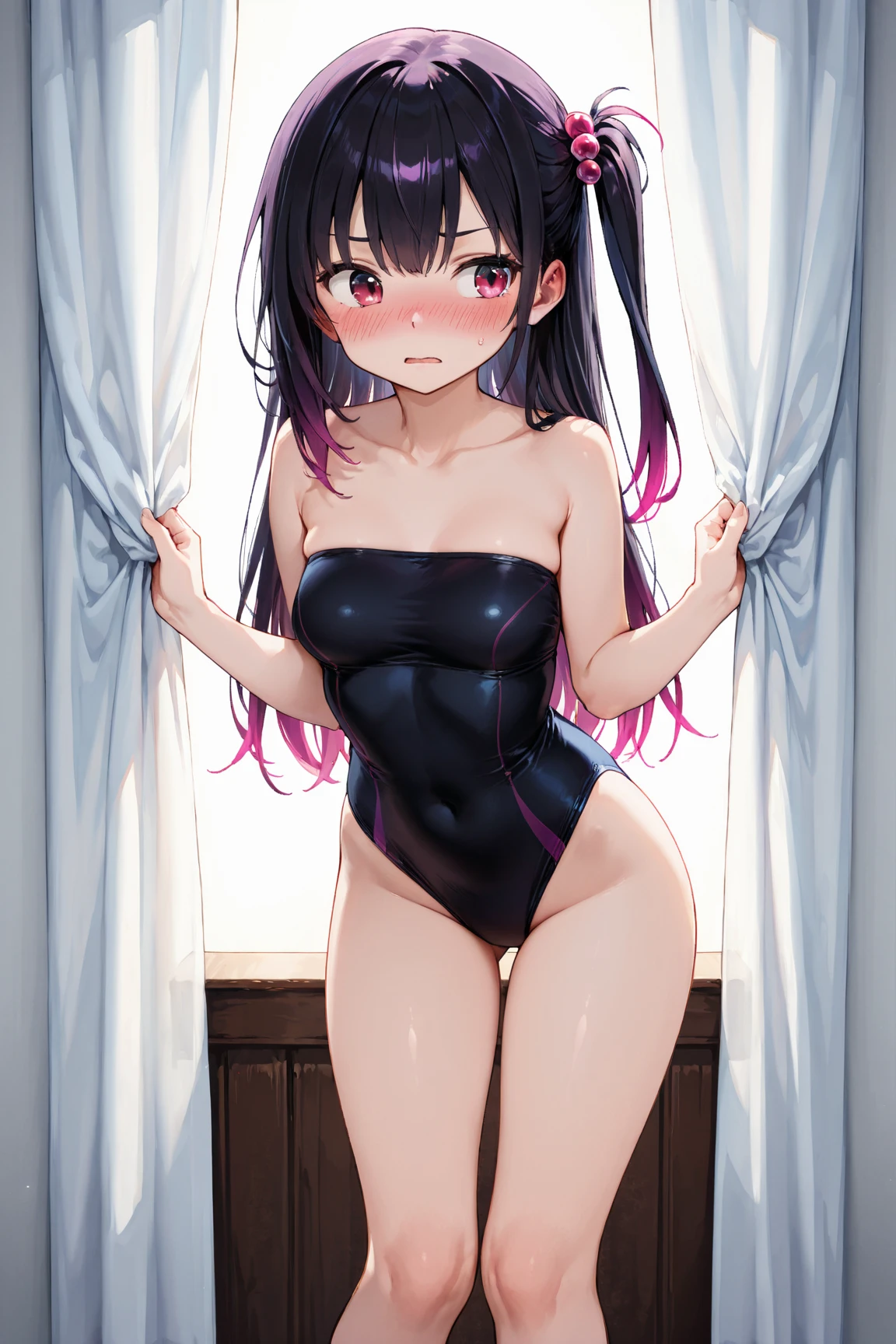 absurderes,(masterpiece、top-quality、8K ),intricate detailes,ultra-detailliert、1 down, (trap ,Otokonoko, Tom Girl:1.2), Solo, Male Focus, Very long hair, Cute anime face, Indoor, ( flat chest, Bulge:1.2),((blush)), Black hair, Purple eyes, (Paleo swimwear:1.4),swimming pools、Hibiscus headdress、Hyper realistic,Perfect Anatomy