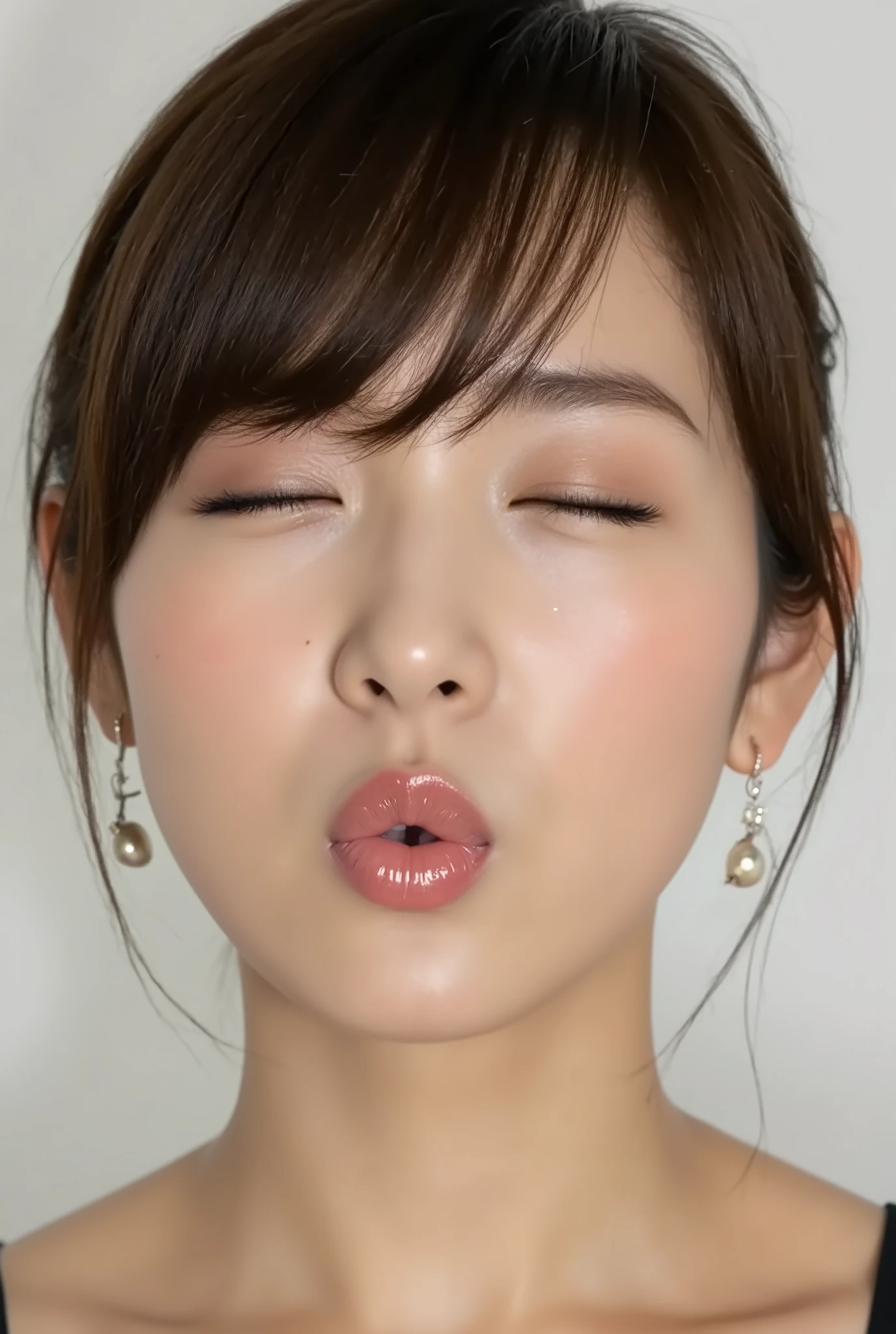 ultra-detailed close-up of a beautiful modern girl, collarbone-up composition, white studio background, soft natural lighting, soft focus on background,
camera angle slightly elevated (about 60 degrees), subject's chin gently raised, head and face facing forward, body posture suggesting slight tiptoeing,
eyes gently closed, dreamy and euphoric expression, cheeks and ears flushed with bashful blush, lips tightly puckered and strongly protruding,
mouth forming a rounded "O" shape like whistling or blowing a kiss, kissy lips, extremely glossy and moist lips with shimmering highlights,
natural-looking shiny lip gloss as the only makeup, skin is matte with visible peach fuzz and realistic pores,
subtle facial contour blur to guide viewer’s gaze toward lips, cute and soft dere-dere mood,
deeply affectionate smile while puckering, hands behind the back and not visible, black camisole straps slightly visible,
overall overflowing with affection, adorably seductive and shy charm, longing and dazed joy, subtly coquettish expression,
no vintage look, fully modern skin tone, hair texture and color corrected to current aesthetic standards