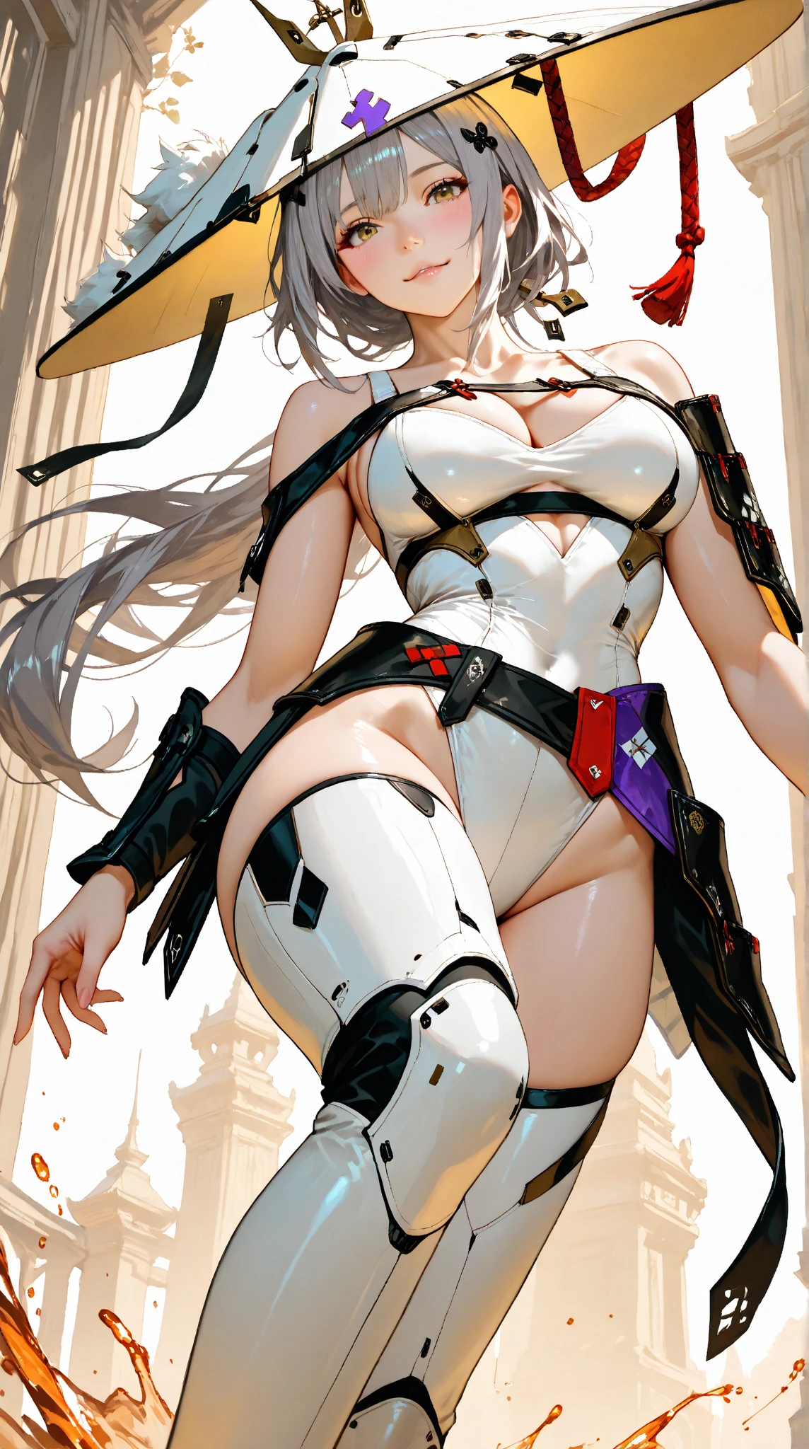 (Minamoto no Raikou) Samurai cyborg girl with a mechanical full body looking to viewer symmetrical, big knockers, holding a rifle gun bolter into [both] hands, space marine, armor, adepta sororitas, curvy, short bob white hair