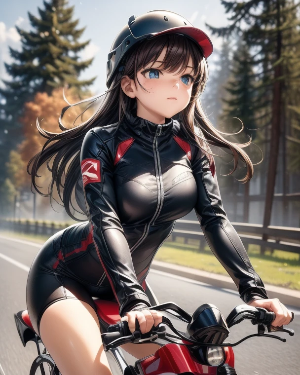 NSFW、Highest quality、(One girl),Big Breasts、(Road bike)、((Flexion and extension exercises))、Smiling at the viewer、Beautiful Eyes、Beautiful Face、Delicate eyes、Tight and thin cycling wear、((Sweatで透けたサイクルウェア))、Sweat、Morning urban valley、street tree