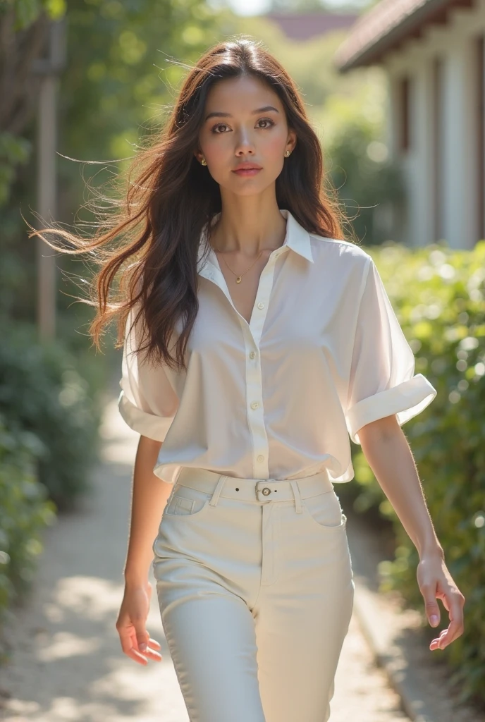 best quality, ultra high res, 1 woman, light brown hair, beautiful light brown hair, green eyes, thin body with slightly curvy hips, wearing a white shirt and shorts, ((shy expression)), Mykonos street