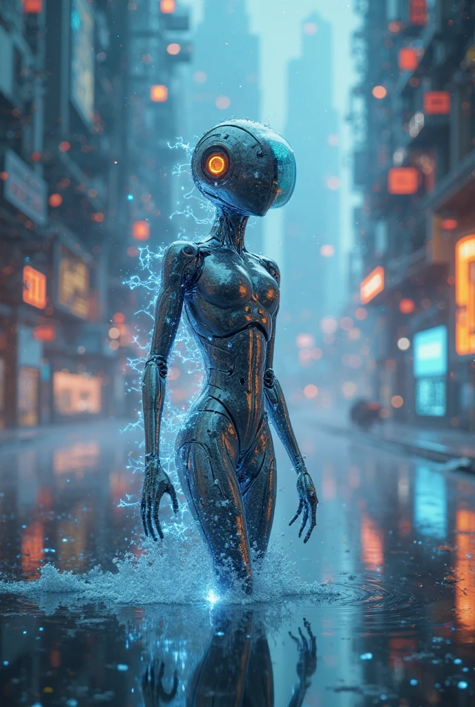 A robotic fisherman in a neon lake, with bioluminescent fish and a futuristic cityscape in the background.