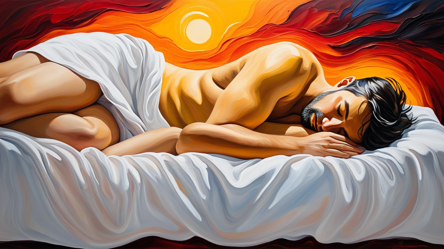 chiaroscuro technique on sensual illustration of an arafed man resting in white blanket, sexy masculine, model with attractive body, inspired by Ludovit Fulla, mid-shot of a hunky, the model draped in flowing, thick oil painting by Harumi Hironaka, extremely soft colors, vibrant, highly detailed, malcolm liepke painting, oil on canvas, high contrast, dramatic, refined, tonal, Create high contrast between light and shadow by Leon Polk Smith, memphis abstract minimal art, graphic shapes, minimal art, blue and red, minimal art style, bauhaus art, inspired by El Lissitzky, bold simple shapes, shadow