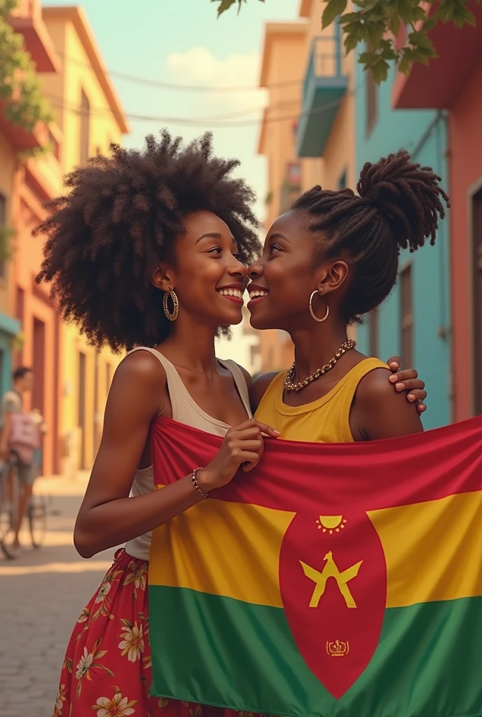 (photorealism:1.2), African woman with shaved head and Latina , hugging , Rio De Janeiro instagram filter