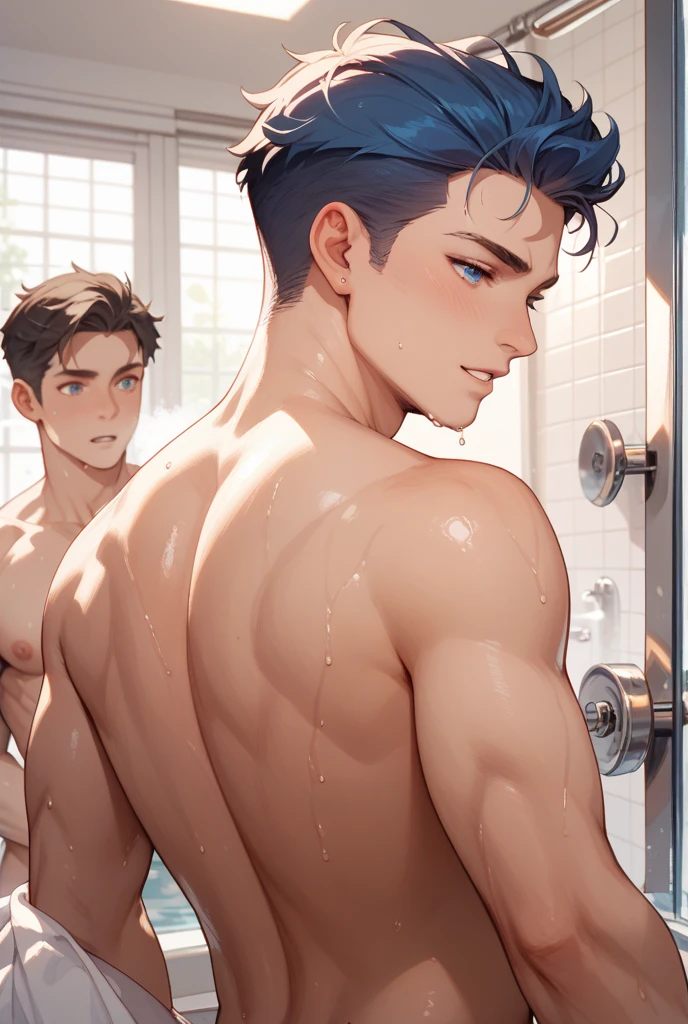 A young man with dark skin, white hair and green eyes. He smiled in front of the mirror. He has a handsome face - baby. A boy with white hair, blue eyes, a handsome face, dark skin and a toned 6-pack