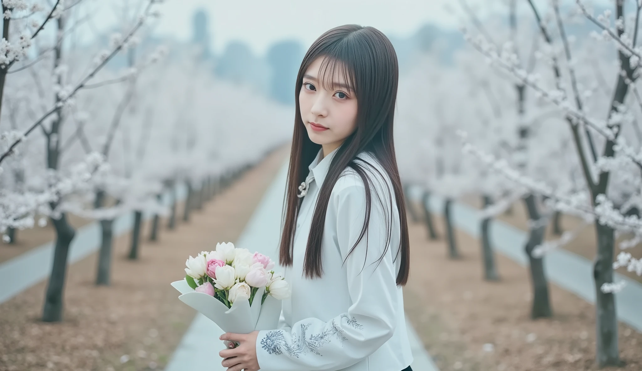 A beautiful Japanese woman with an elegant and sophisticated atmosphere。Wet white silver hair、Straight Bang、graceful yet charming gaze。Her Eyes Shine、charming gaze with a kiss-like expression。The costume is a modern Chinese dress based on white and silver, and、Japanese-style round pattern、with a light floral pattern、delicate flower embroidery details。The tight design is beautiful, and、black stockings that express body lines create a sophisticated atmosphere。The background is a white silver cherry blossom fuki、simple yet luxurious composition。subdued colors and soft light、creates an elegant and mysterious atmosphere。」
