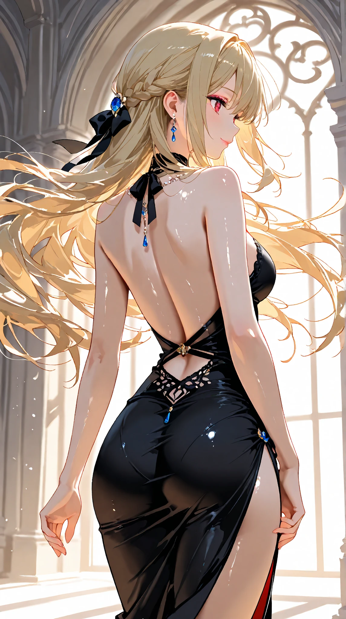 blonde hair, long hair, blue eyes,blue dress,side boob,moaning face, lusty eyes,smug look,sex, reverse cowgirl sex position, looking back,large ass,