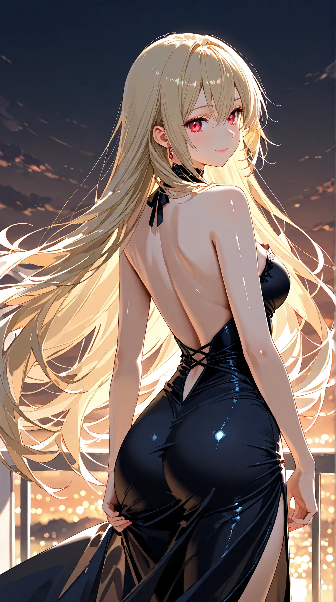 (work of art), (masterpiece), (best quality), a black headed girl, (blue eyes), without clothes, big , showing beautiful backside, backside, brightly lit night city background, red bow, butterflies in golden circle, flowing hair , but g , full figure head to toes , standing beside poles